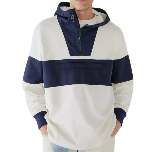 J.CREW Navy / Ivory Hooded Rugby Anorak Sweatshirt Mens S Comfy Pocket Training - Picture 2 of 16